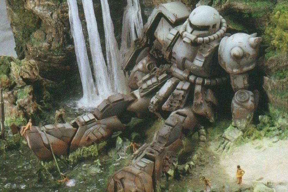 Giant robot wreck by waterfall
