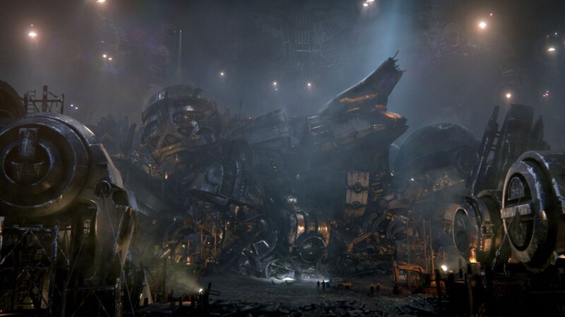 giant robot wreckage in a junkyard