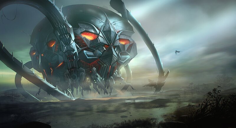 Giant Robotic Insect — Gray, Dramatic, Sunset