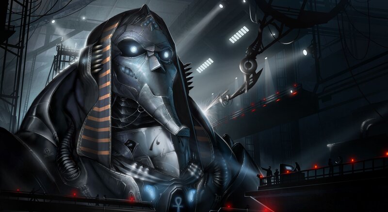 giant robotic pharaoh in factory