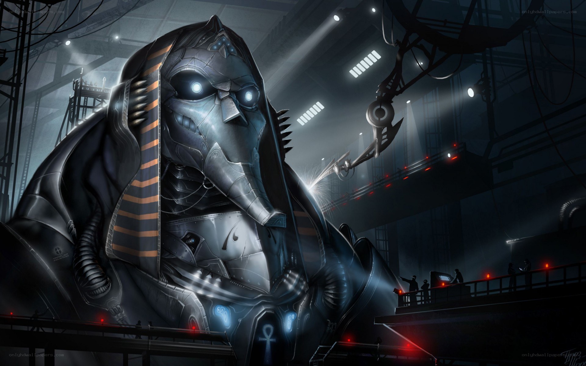 giant robotic pharaoh in factory