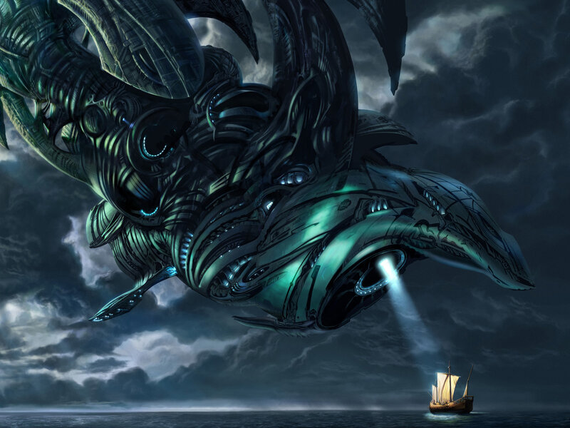Giant robotic whale in storm