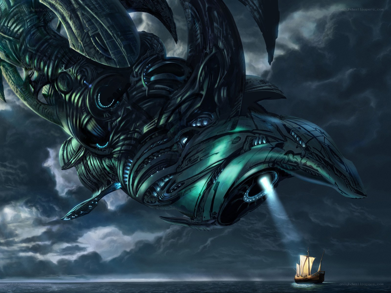 Giant robotic whale in storm