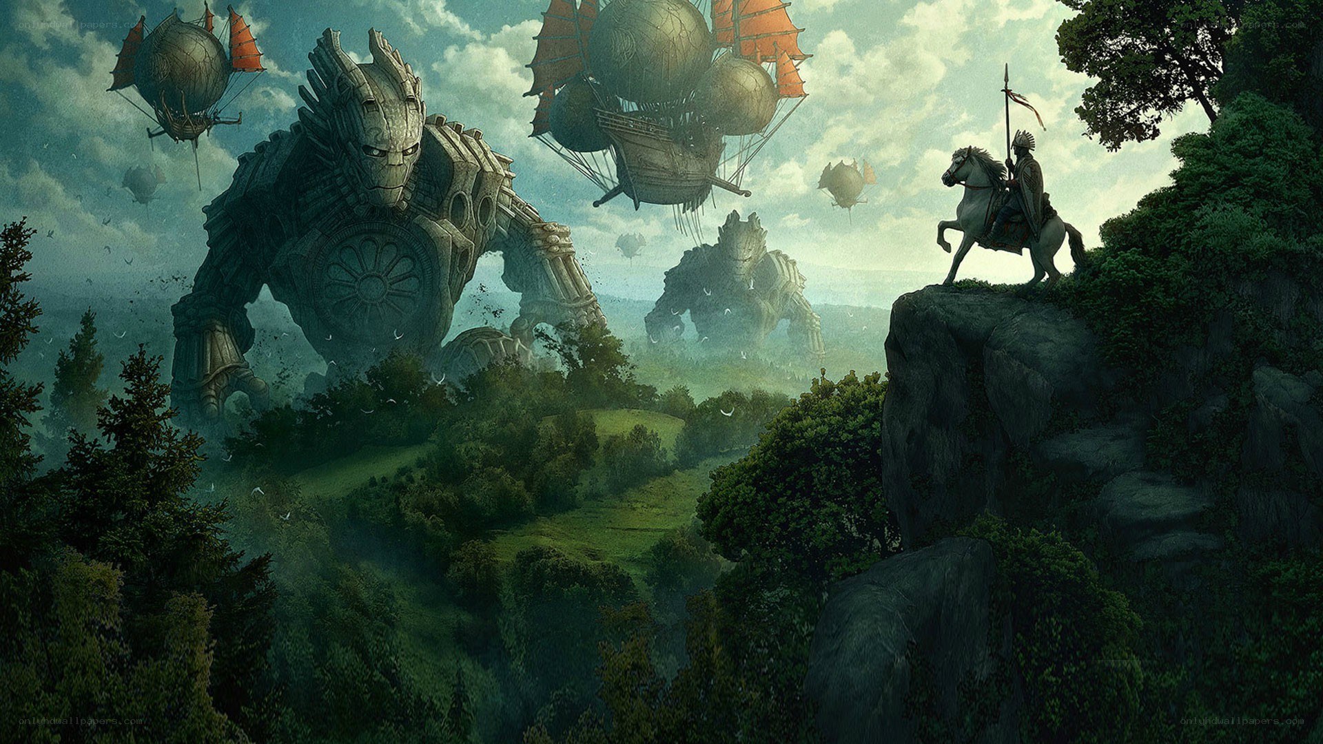 giant robots and airships in a forest