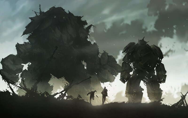 giant robots in a war-torn landscape