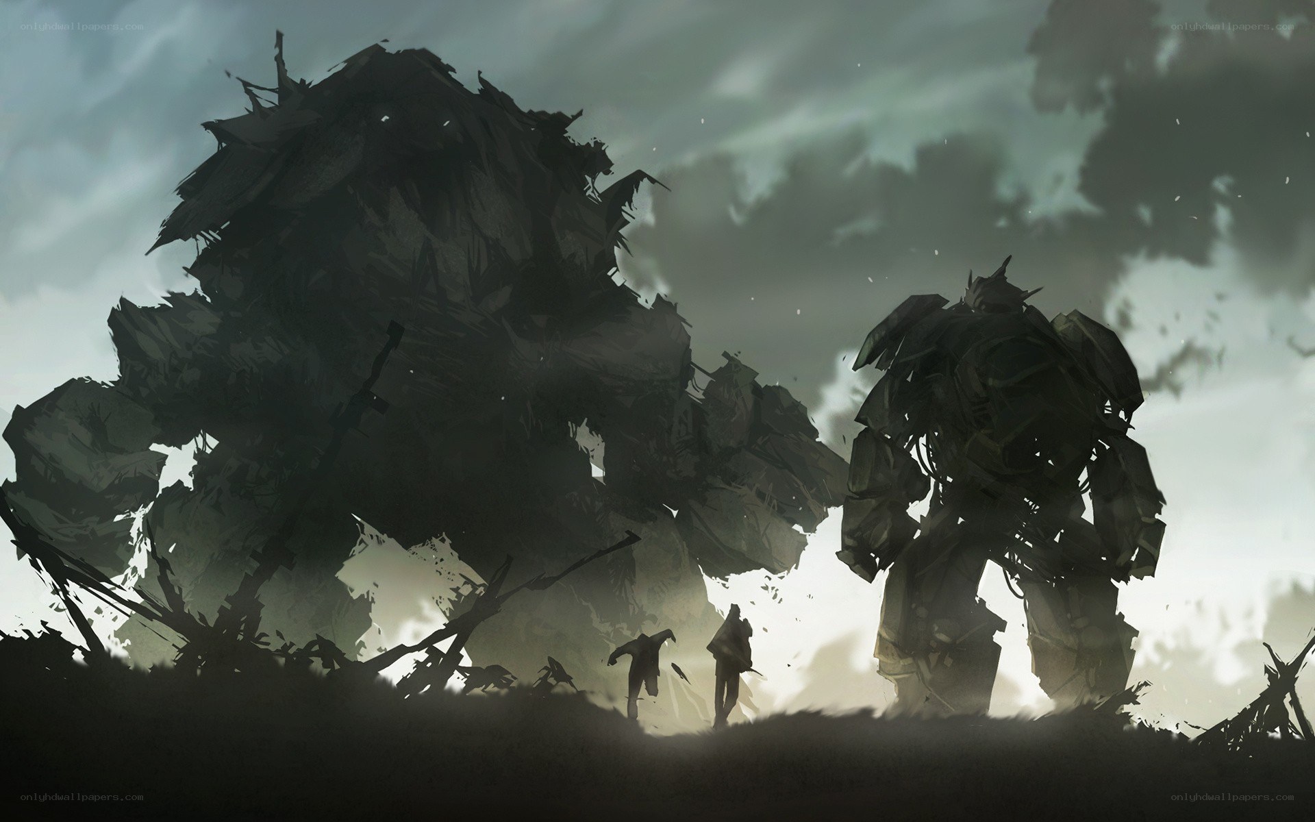 giant robots in a war-torn landscape