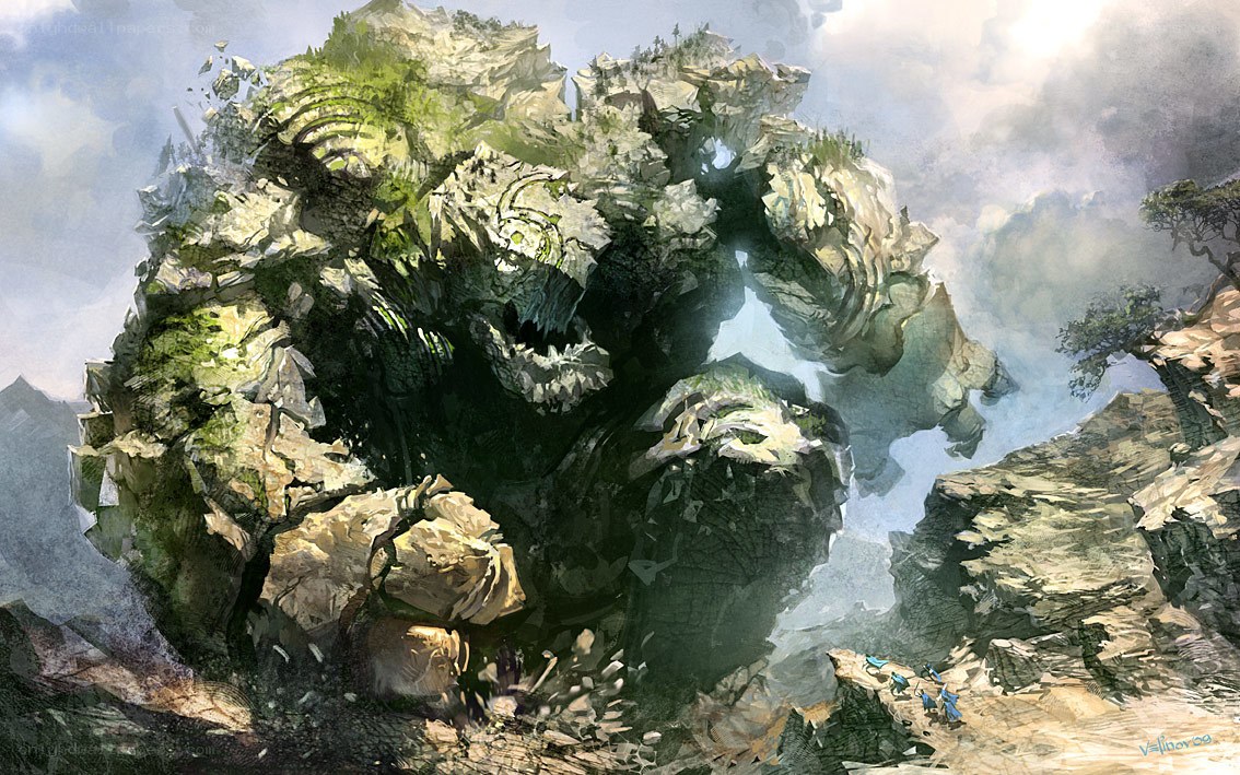 Giant rock creature in mountain pass
