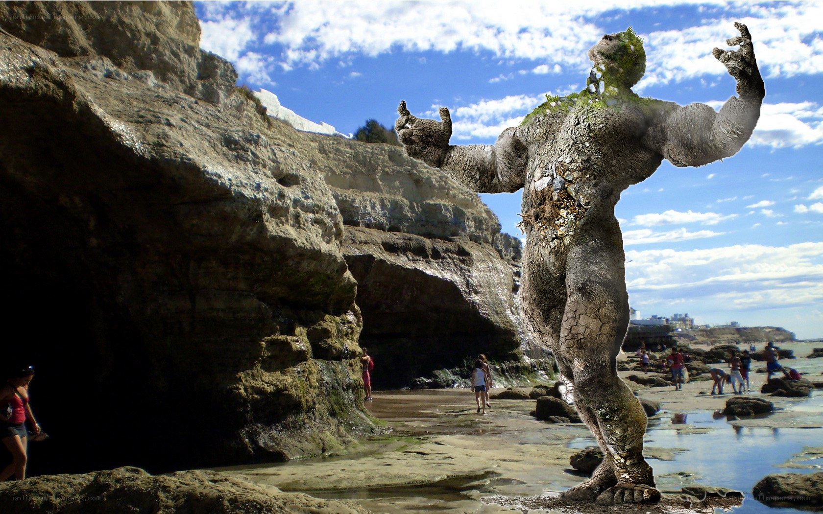giant rock creature on beach