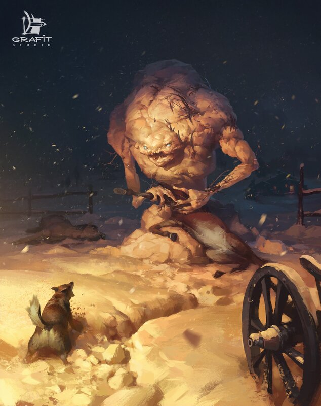 Giant Rock Monster — Brown, Dramatic, Night