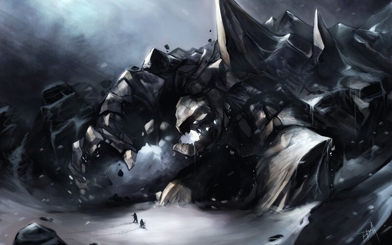 giant rock monster in snowy landscape