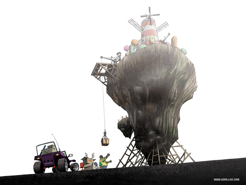 giant rock with windmill