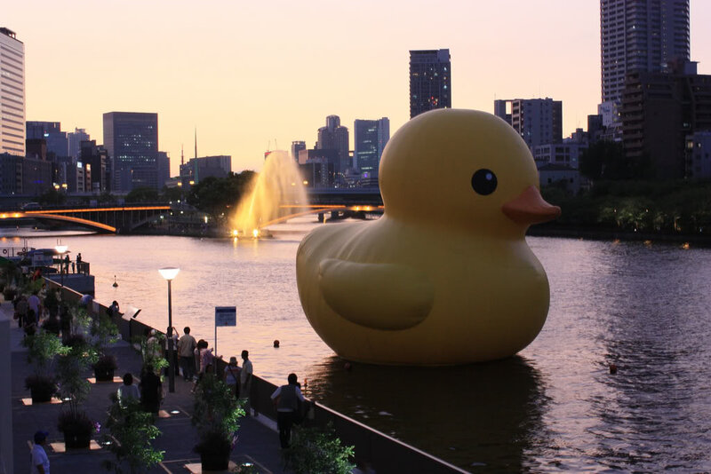 Giant rubber duck in city river