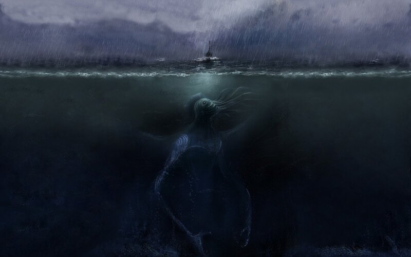 Giant Sea Creature — Dark Blue, Dramatic, Night, Digital Art, Ship