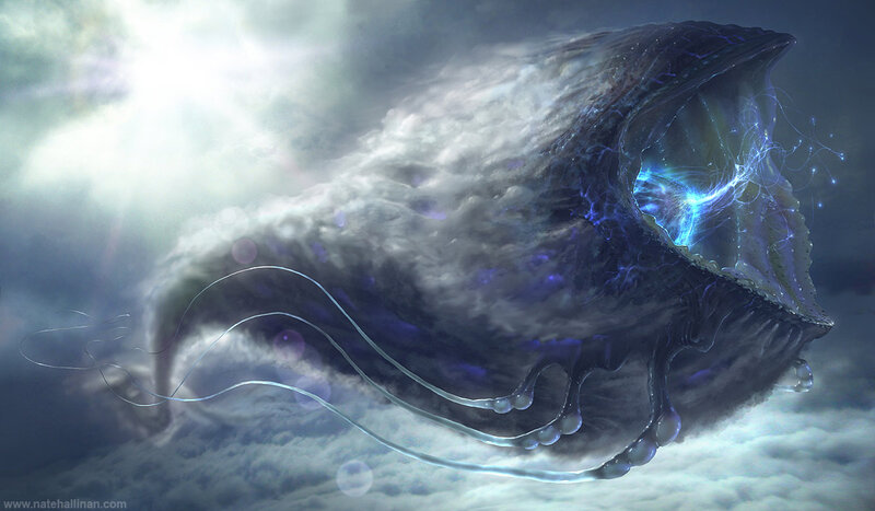 Giant sea creature in clouds
