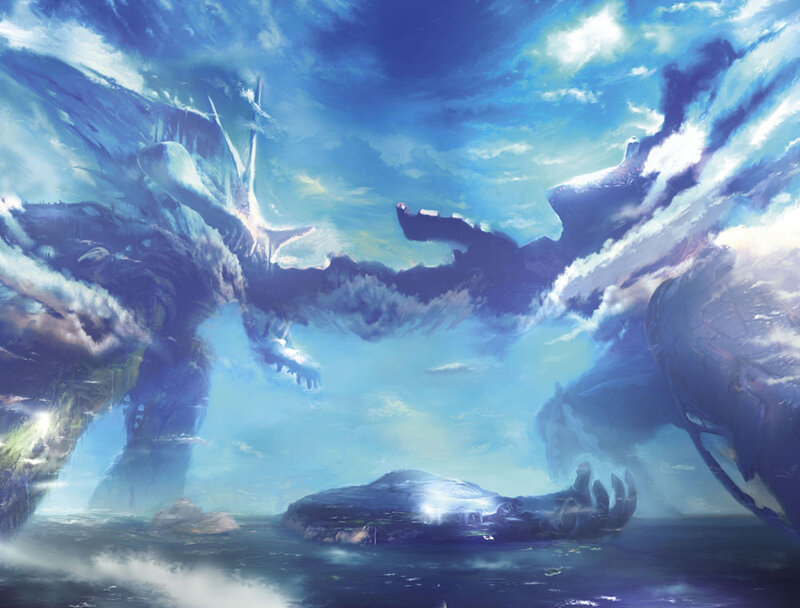 giant sea creatures in stormy sky