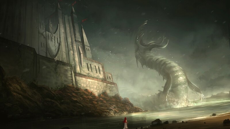 Giant Sea Monster Attacking Castle — Gray