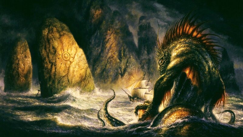 Giant Sea Monster Attacking Ship — Black, Dramatic
