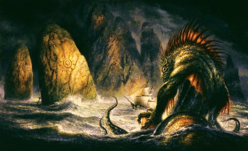 Giant Sea Monster Attacking Ship — Black