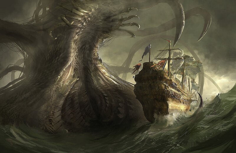 Giant Sea Monster Attacking Ship — Gray, Dramatic
