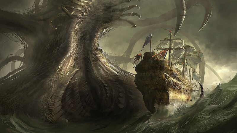 Giant Sea Monster Attacking Ship — Gray