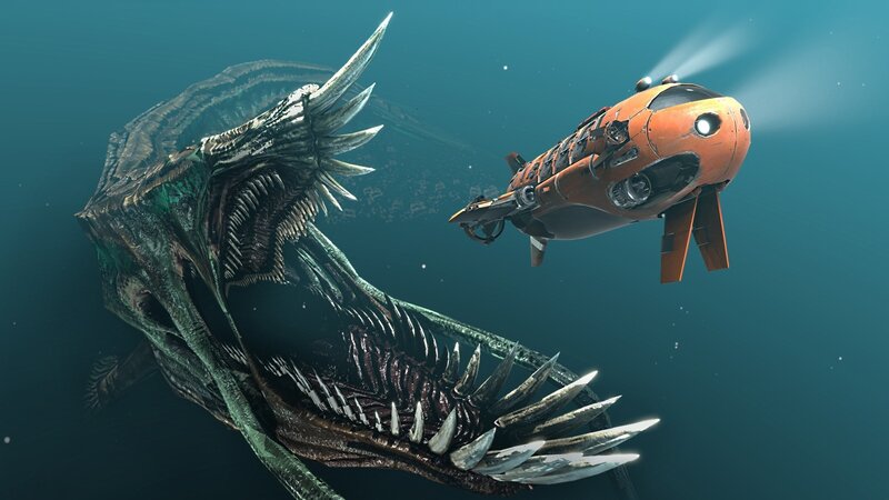 Giant Sea Monster — Blue, Dramatic, 3d Render, Submersible, Underwater