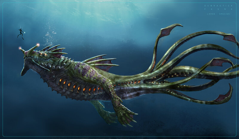 Giant Sea Monster — Blue, Dramatic, Digital Art, Diver, Tentacles