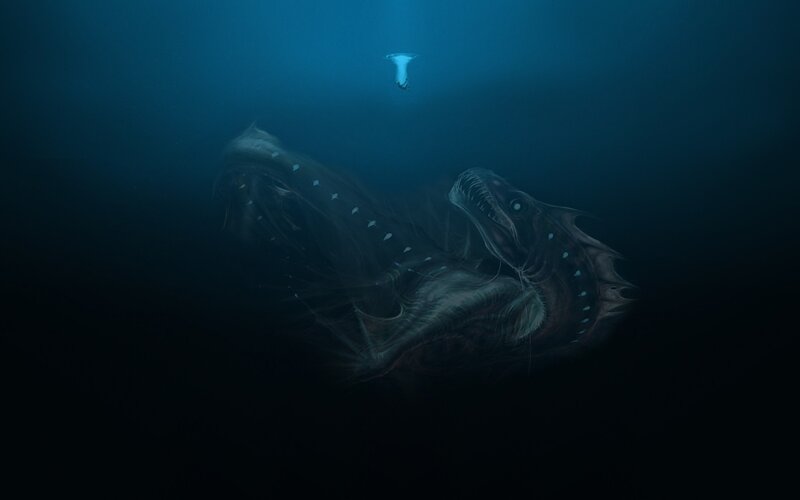 Giant Sea Monster — Blue, Dramatic, Digital Art, Diver