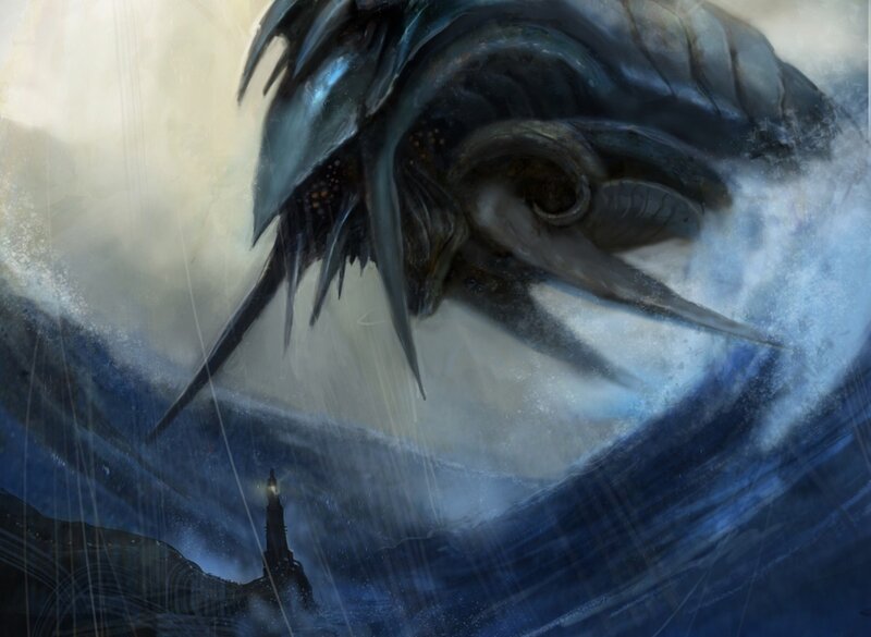 Giant Sea Monster — Blue, Dramatic, Night, Digital Art, Lighthouse