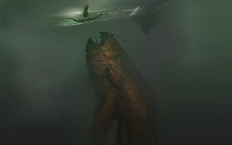 Giant Sea Monster — Green, Dark, Night, Digital Art, Boat, Sailor