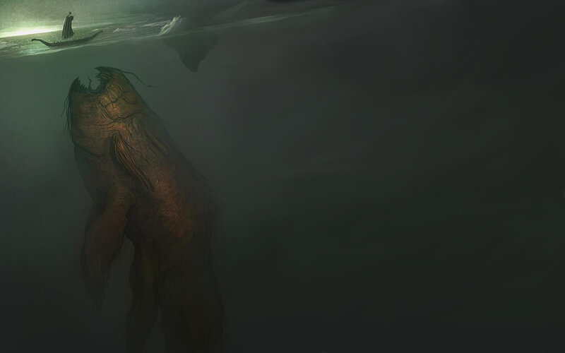Giant Sea Monster — Green, Dark, Night, Digital Art, Boat
