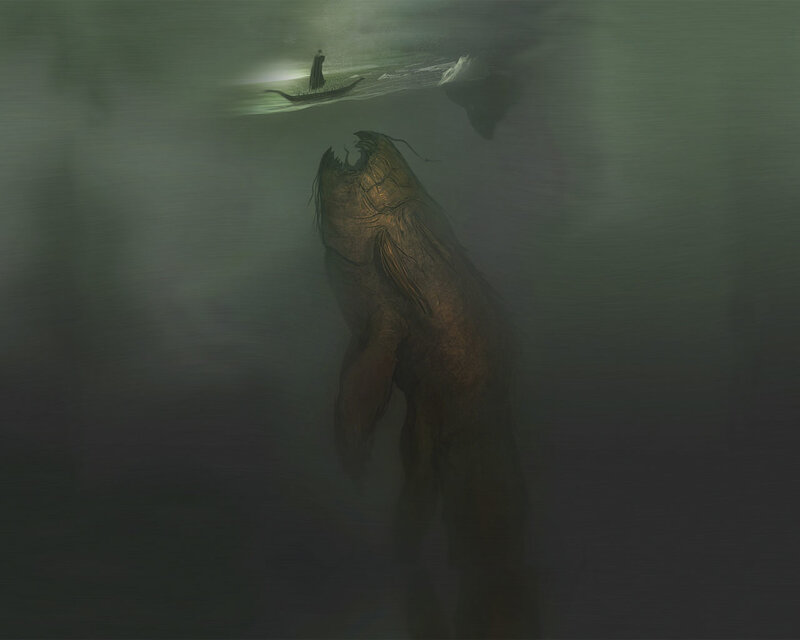 Giant Sea Monster — Green, Dark, Night, Digital Art
