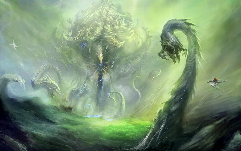 Giant Sea Monster — Green, Dramatic, Digital Art