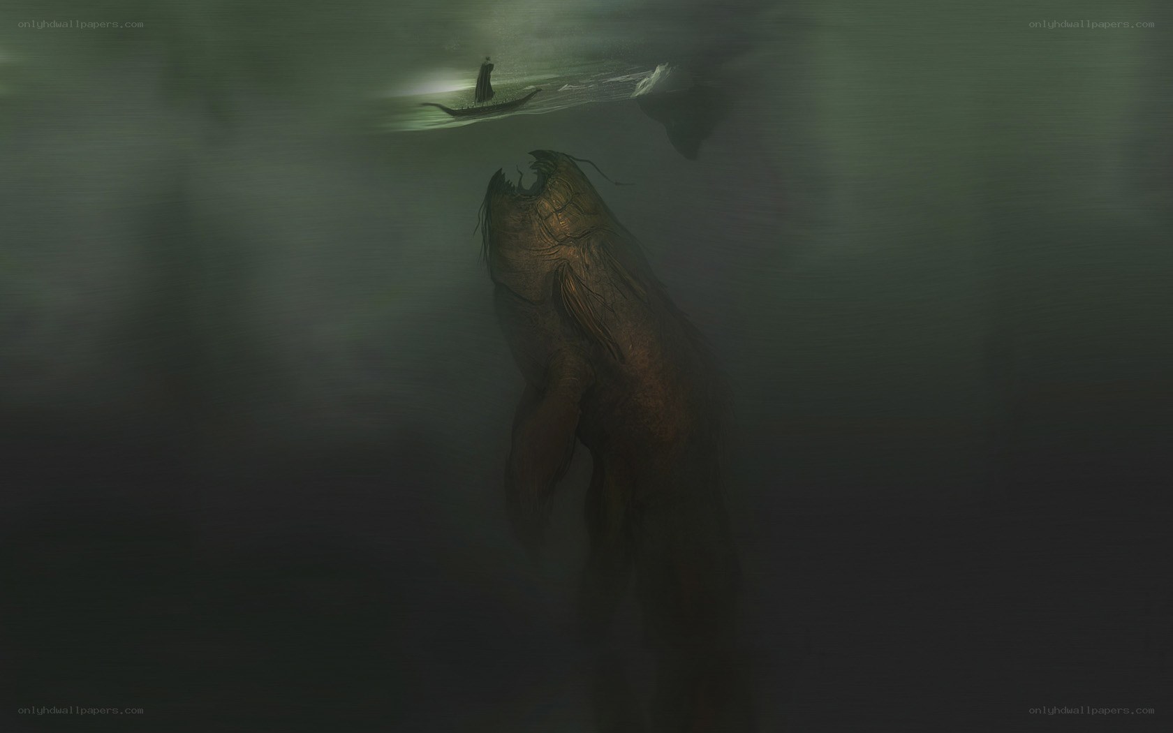 Giant sea monster under a boat