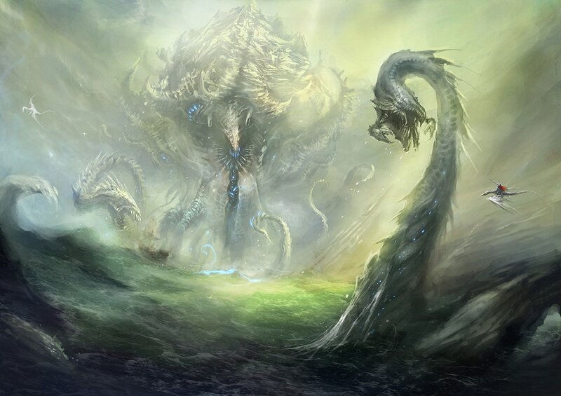 Giant sea monsters in stormy waters