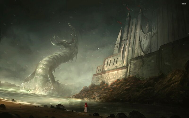 Giant Sea Serpent Attacking Castle — Gray