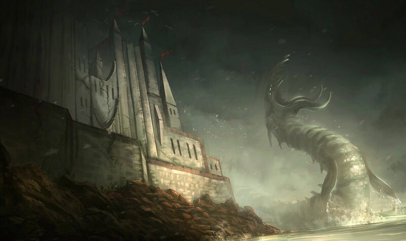Giant Sea Serpent Attacking Castle
