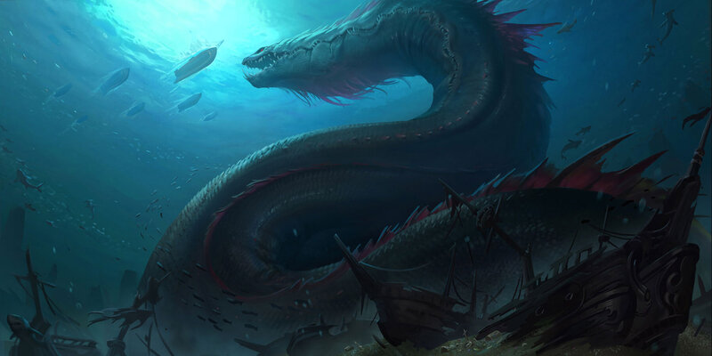 Giant Sea Serpent — Blue, Dramatic, Digital Art, Shipwreck, Fish