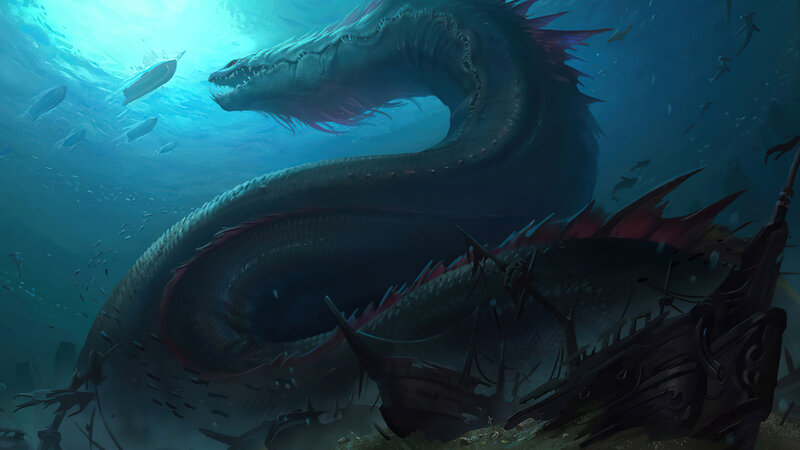 Giant Sea Serpent — Blue, Dramatic, Digital Art, Shipwreck