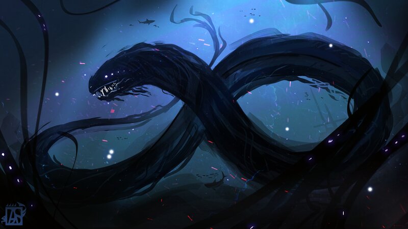 Giant Sea Serpent — Blue, Dramatic, Night