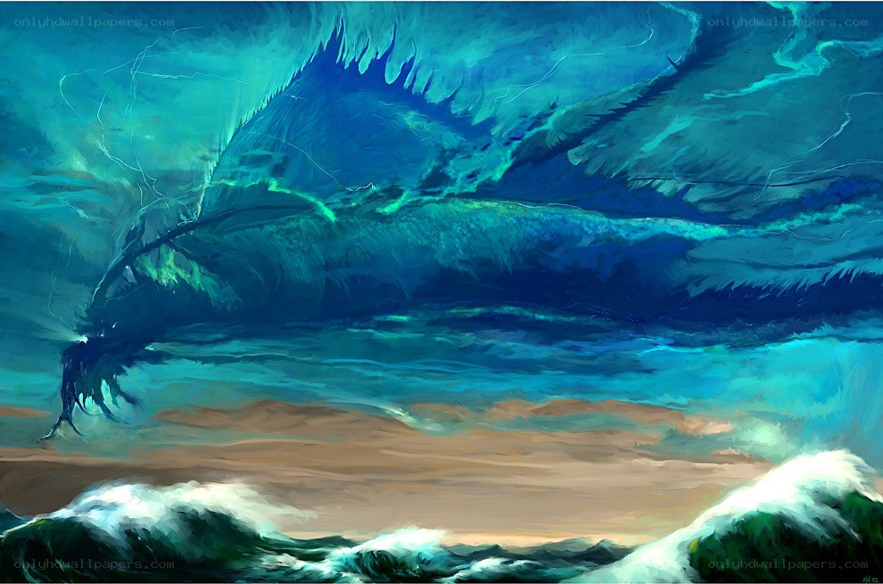 Giant sea serpent in stormy sky