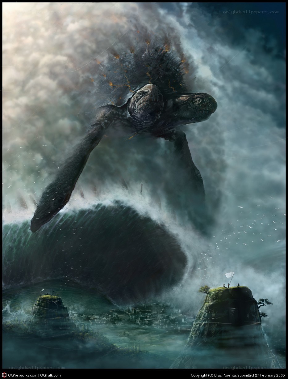giant sea turtle attacks coastal town