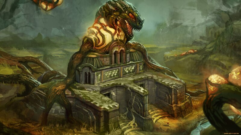 Giant Serpent Devouring Building — Green