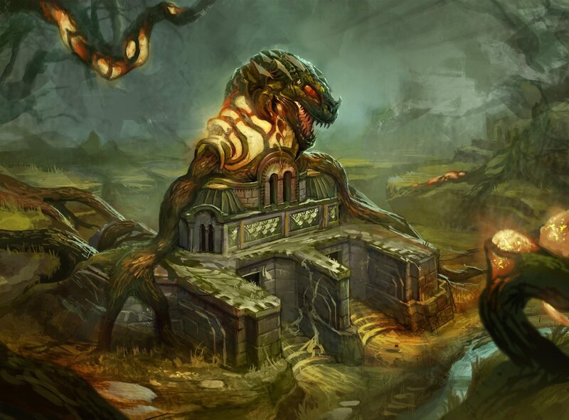 Giant serpent guarding ruins