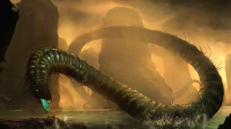 giant serpent in misty cavern