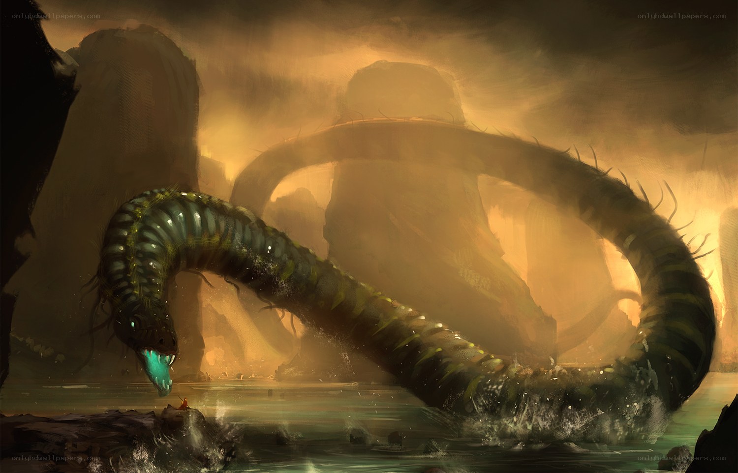 Giant serpent in misty cavern