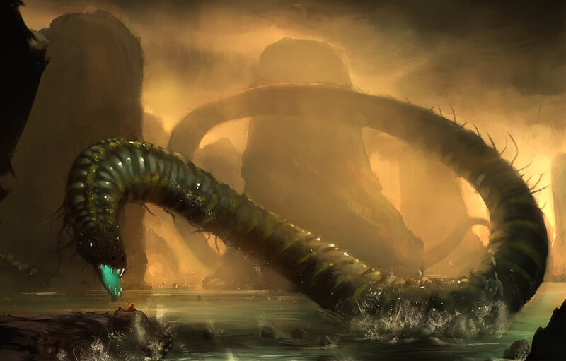 giant serpent in misty swamp