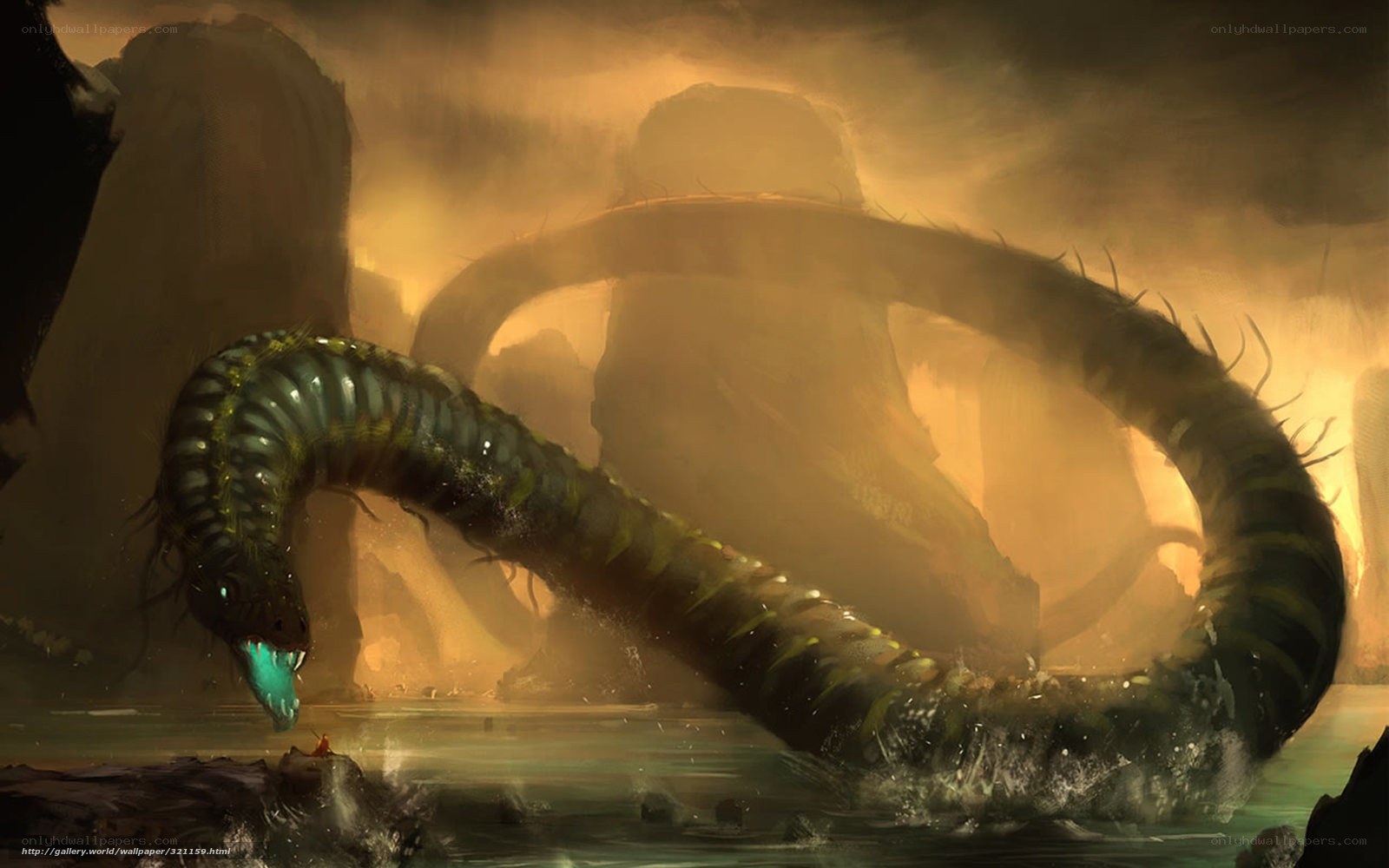 Giant serpent in misty swamp