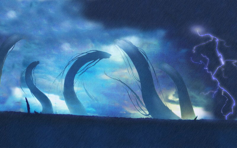 Giant serpents in stormy sky