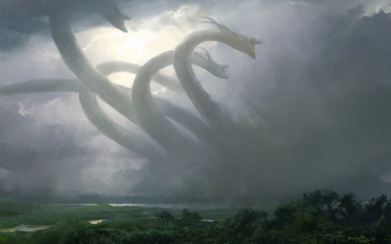 Giant serpents in stormy sky