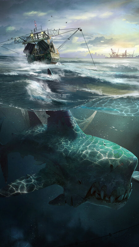 Giant Shark Attacking Boat — Blue